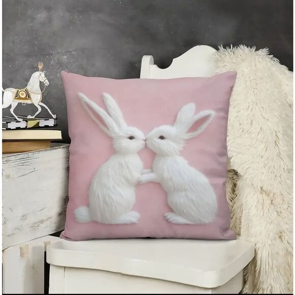 Adorable Pink Pillow with White Bunny Rabbit Design - 18" x 18" - Picture 1 of 5